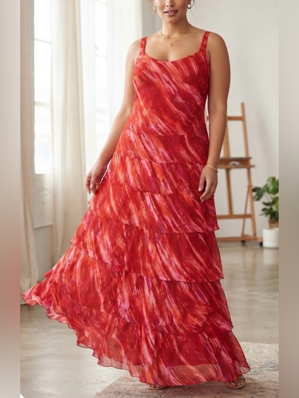 JONES NEW YORK tiered maxi tank dress red orange pink ruffle fully lined size 14